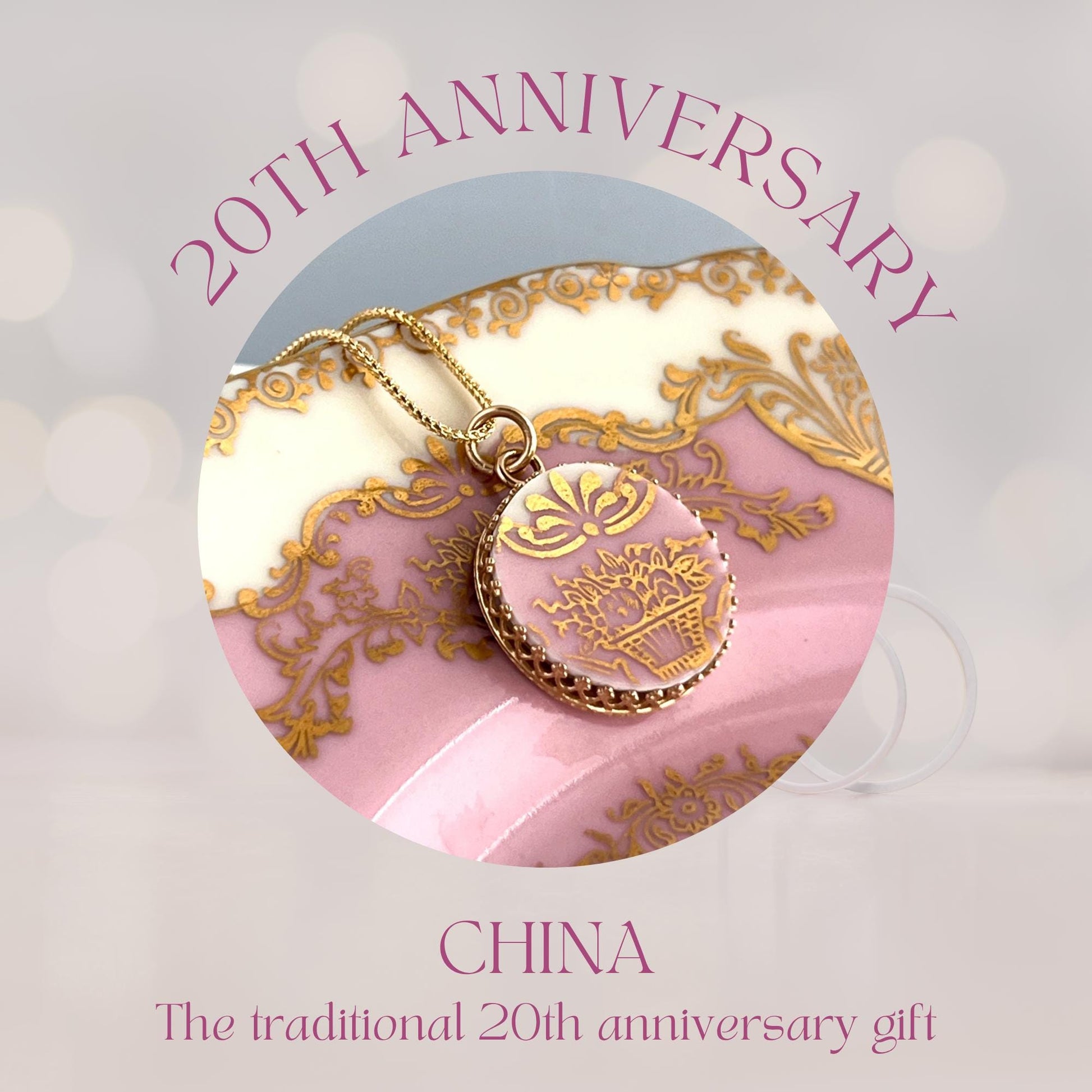 CUSTOM 14k Solid Gold China Necklace, 20th Wedding Anniversary Gifts for Wife, Repurposed Broken China Jewelry Victorian Pendant or Necklace