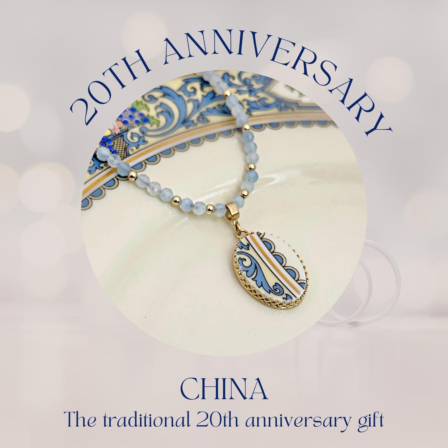 14k Solid Gold and Aquamarine Necklace, Unique 20th Anniversary Gift for Wife, Lenox Autumn China, Broken China Jewelry