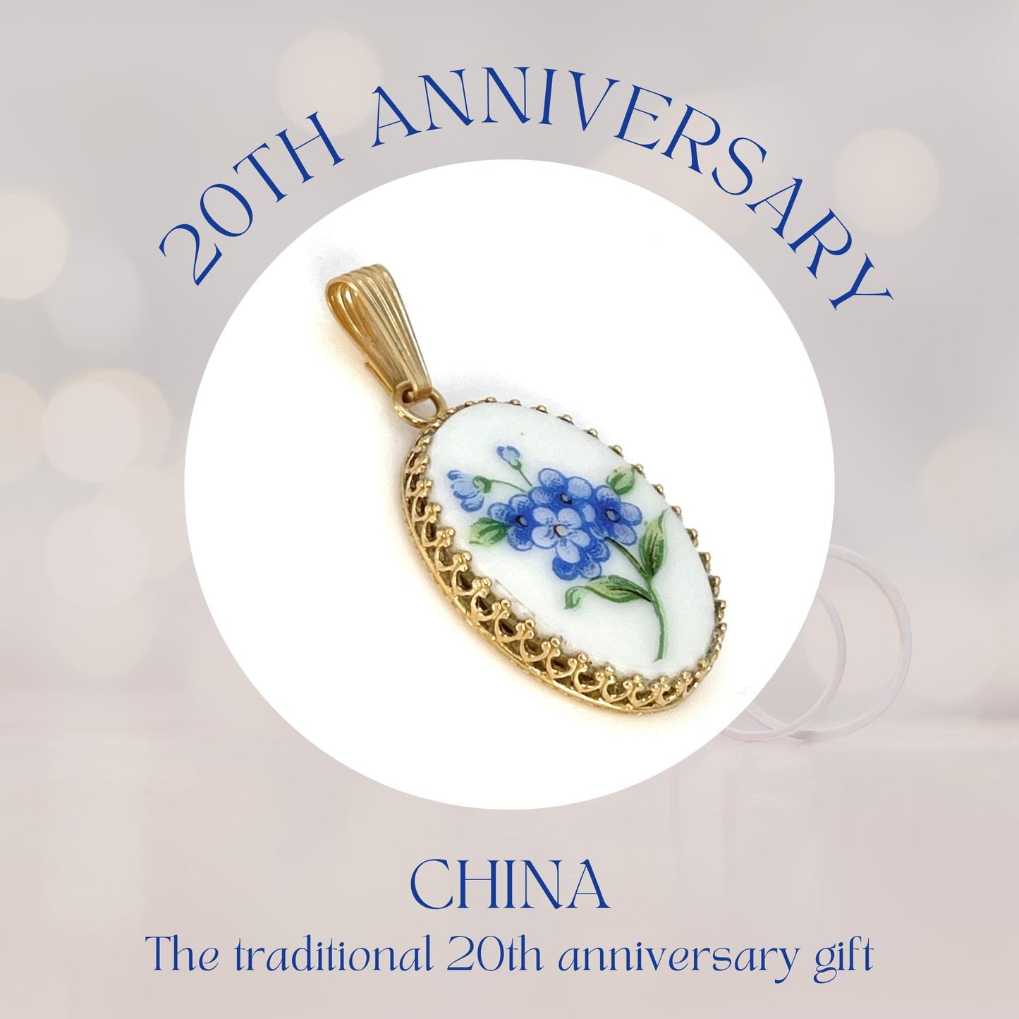 14k Forget Me Not Solid Gold Pendant, Broken China Jewelry 50th and 20th Anniversary Gift for Wife, Artisan Jewelry