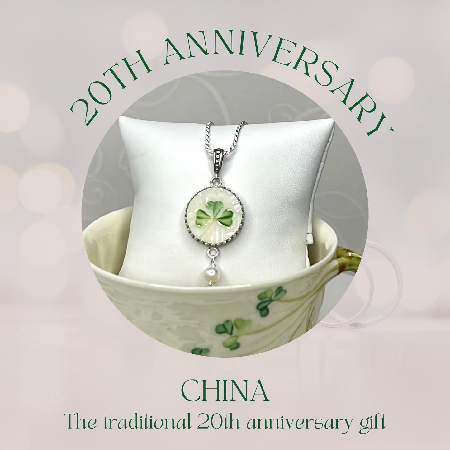 Belleek Irish Necklace, Broken China Jewelry, Unique 20th Anniversary Gift for Wife, Celtic Silver Pearl Necklace