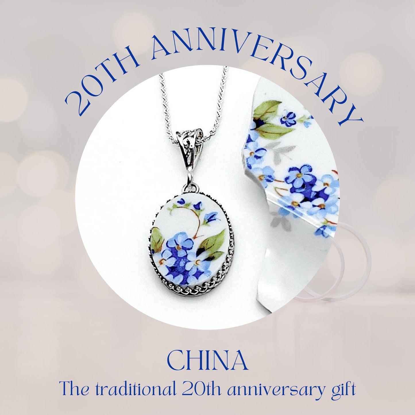 20th Anniversary Blue Forget Me Not Necklace, Romantic Gift for Wife, Broken China Necklace