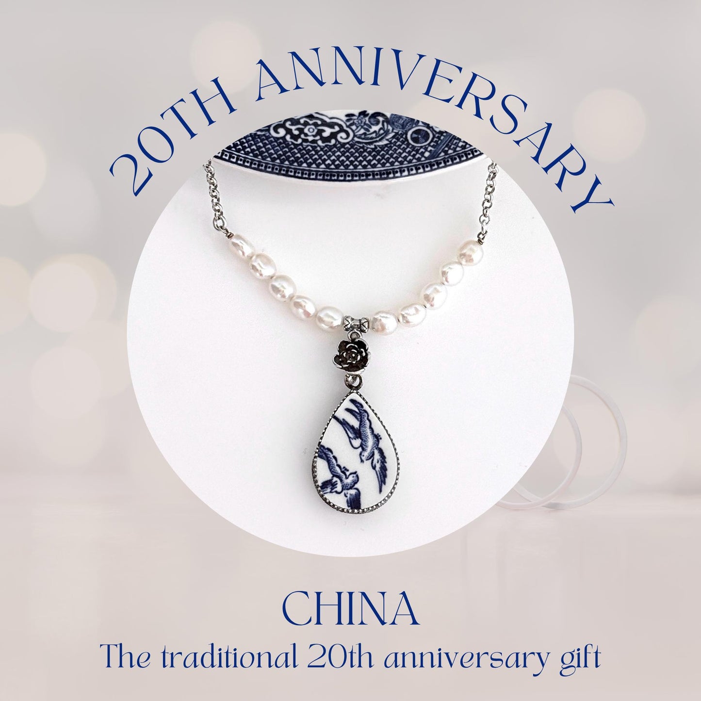 Special 20th Anniversary Gifts for Wife, Blue Willow Jewelry, Romantic Love Birds Pearl Beaded Bar Necklace, Repurposed Broken China Jewelry