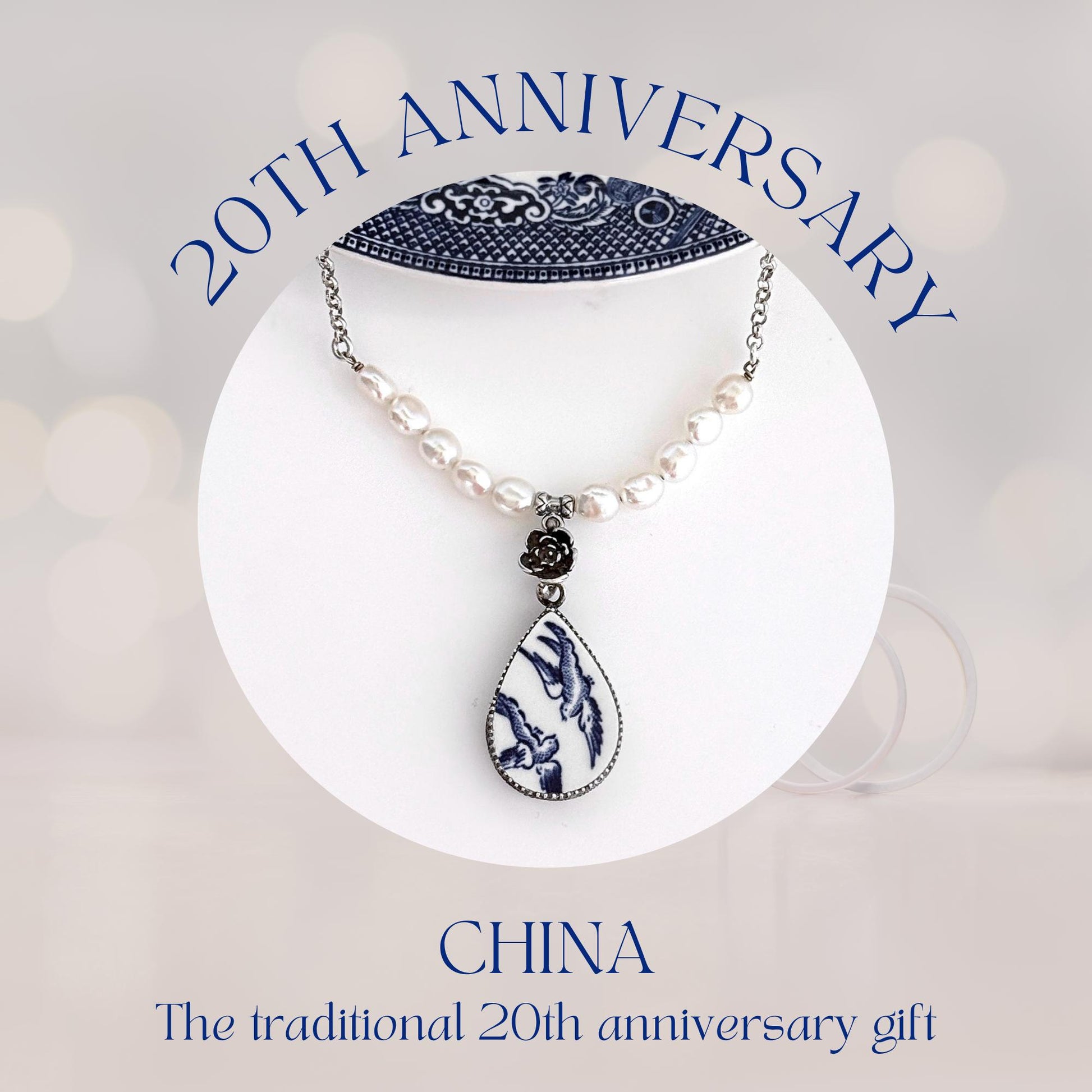 Special 20th Anniversary Gifts for Wife, Blue Willow Jewelry, Romantic Love Birds Pearl Beaded Bar Necklace, Repurposed Broken China Jewelry