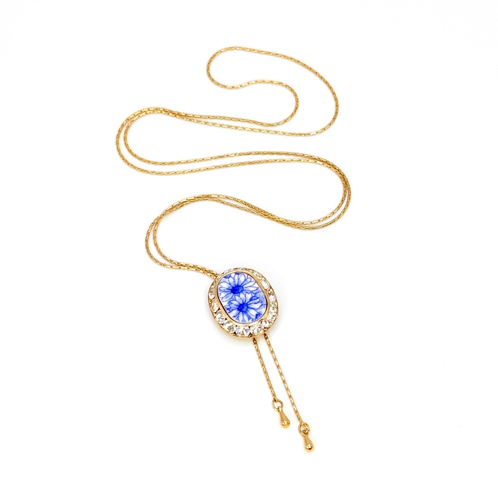 Adjustable Gold Daisy Necklace, Crystal Lariat Necklace, Shelley Dainty Blue China, Long Gold Necklace, Vintage Broken China Jewelry Gifts