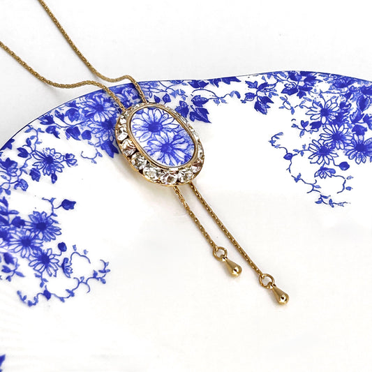 Adjustable Gold Daisy Necklace, Crystal Lariat Necklace, Shelley Dainty Blue China, Long Gold Necklace, Vintage Broken China Jewelry Gifts