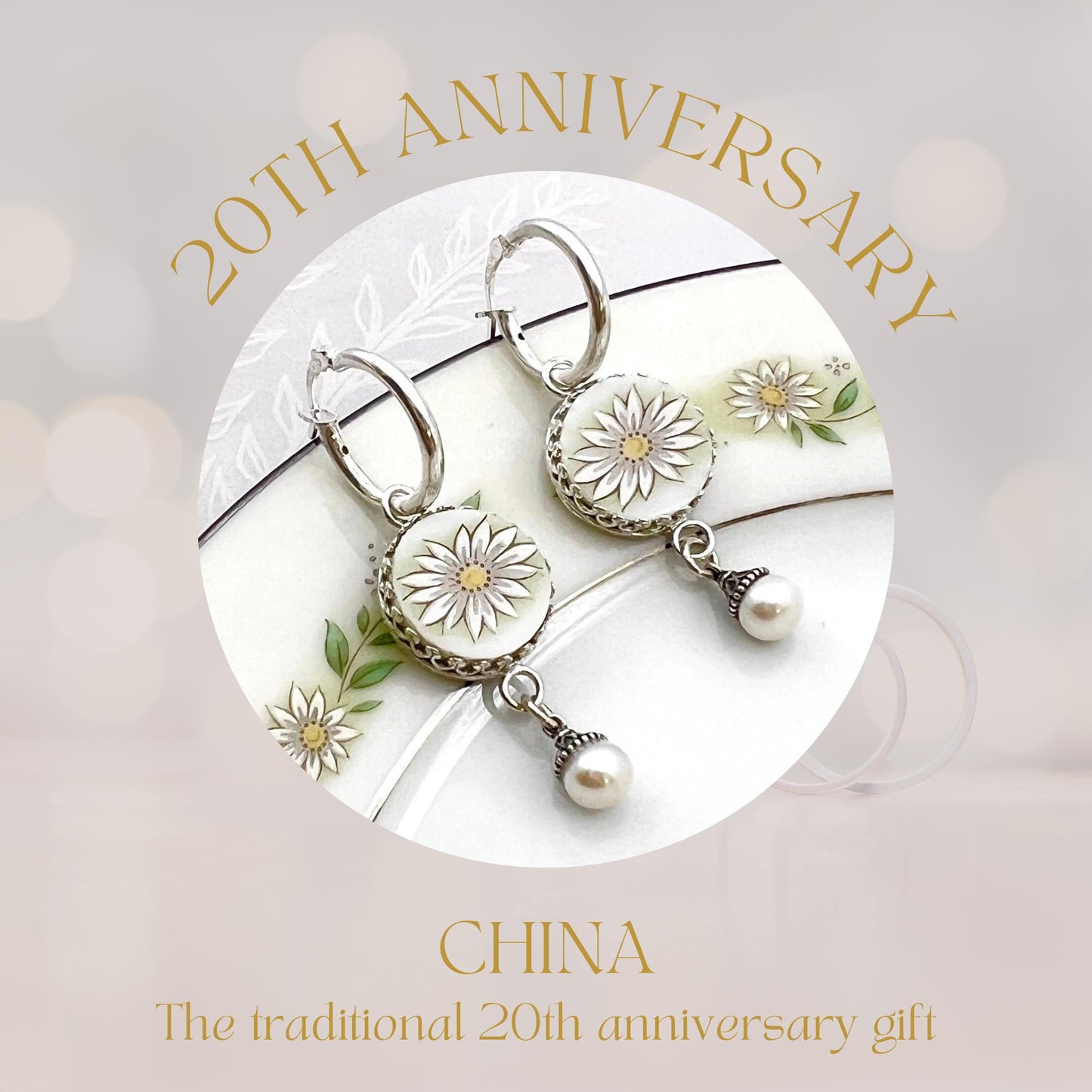 Dainty Daisy Hoop Earrings, Unique 20th Anniversary Gifts for Wife, Broken China Jewelry, Sterling Silver Freshwater Pearl Jewelry