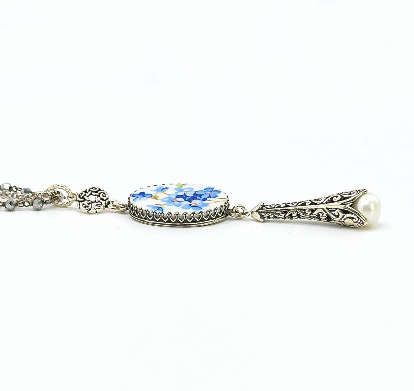 20th Wedding Anniversary Gifts For Wife, Blue Forget Me Not Necklace, Sterling Silver, Long Pearl Necklace, Victorian Broken China Jewelry