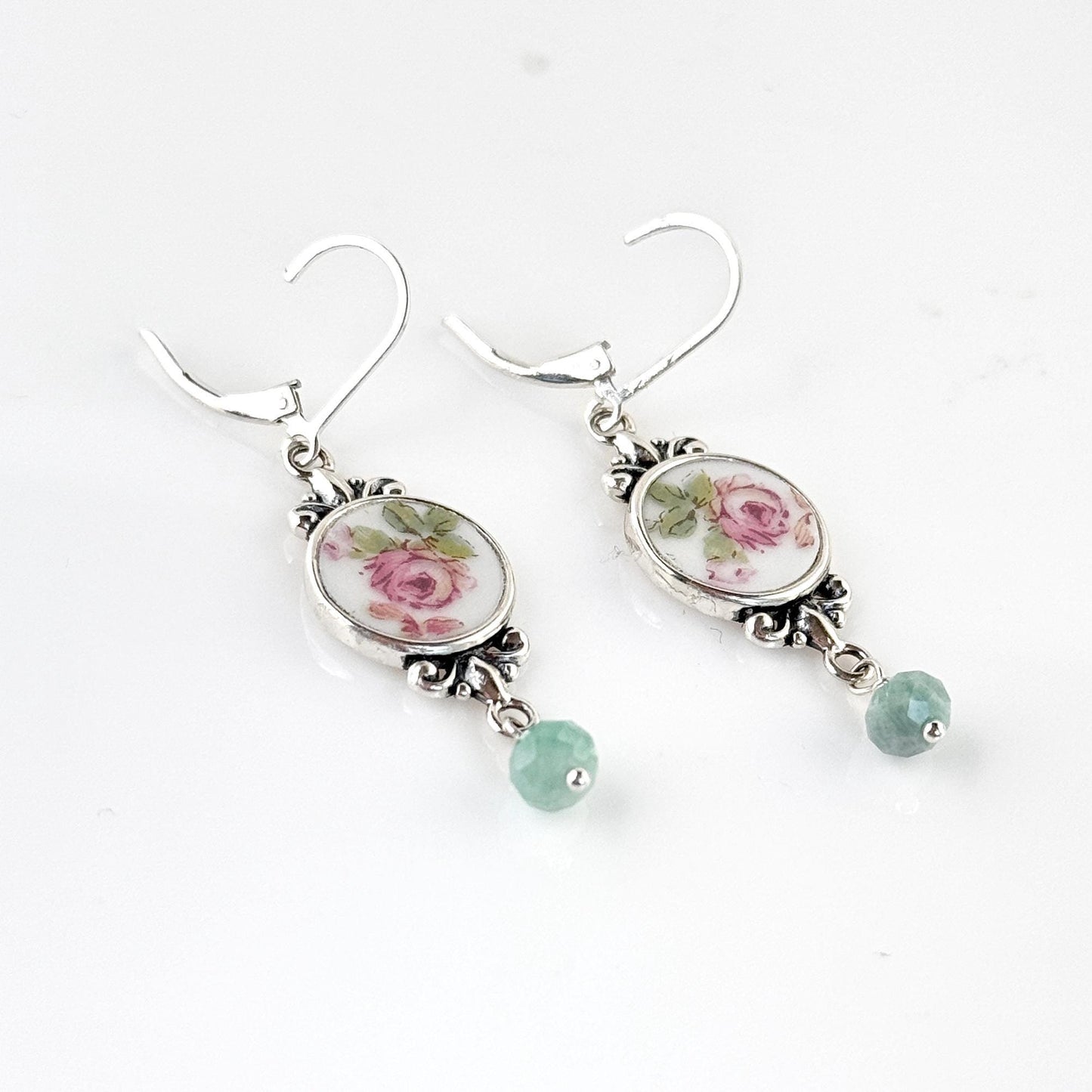 Emerald 20th Anniversary Gifts for Wife, Sterling Silver Gemstone Earrings, Antique Broken China Jewelry, Victorian Dangle Earrings, Pink