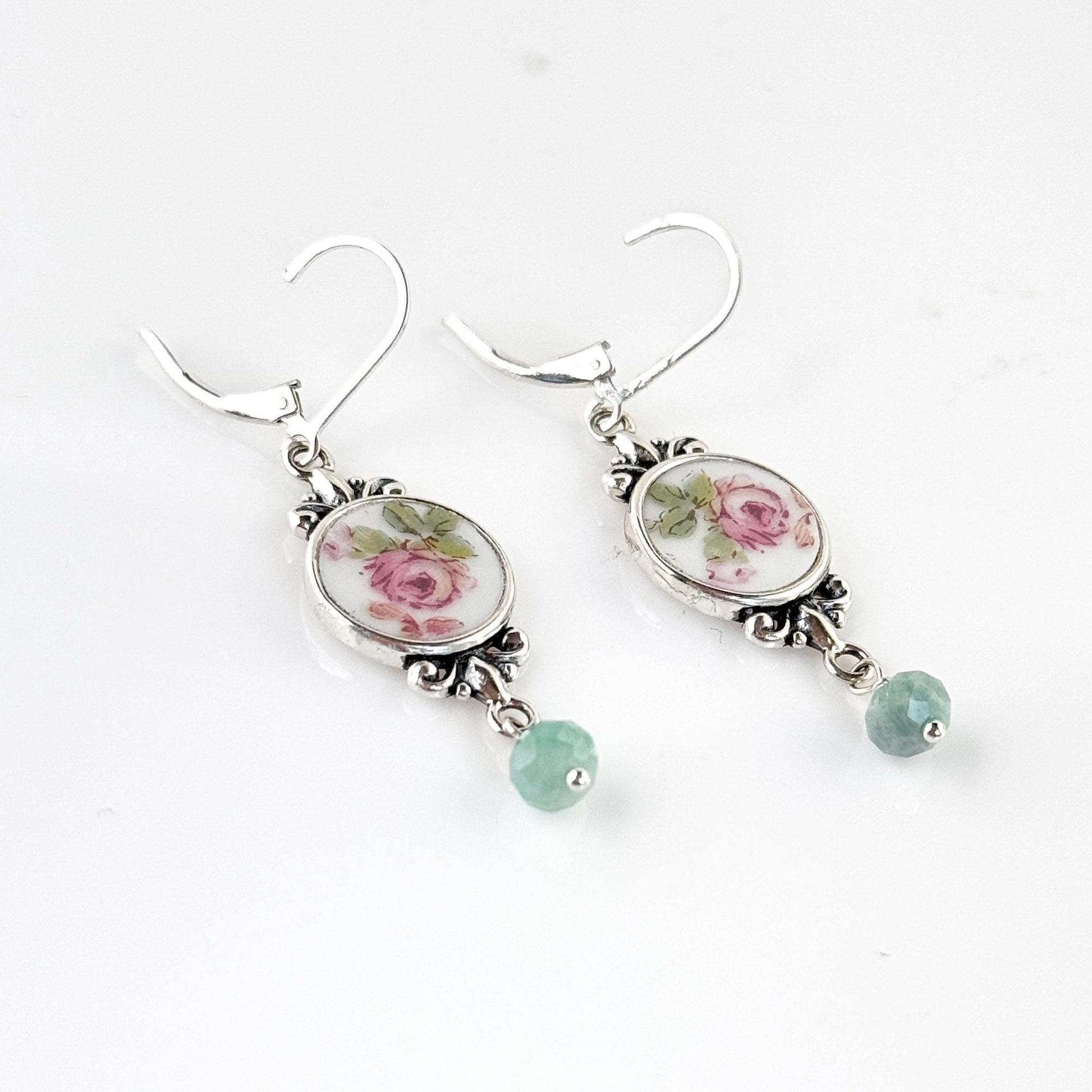 Emerald 20th Anniversary Gifts for Wife, Sterling Silver Gemstone Earrings, Antique Broken China Jewelry, Victorian Dangle Earrings, Pink