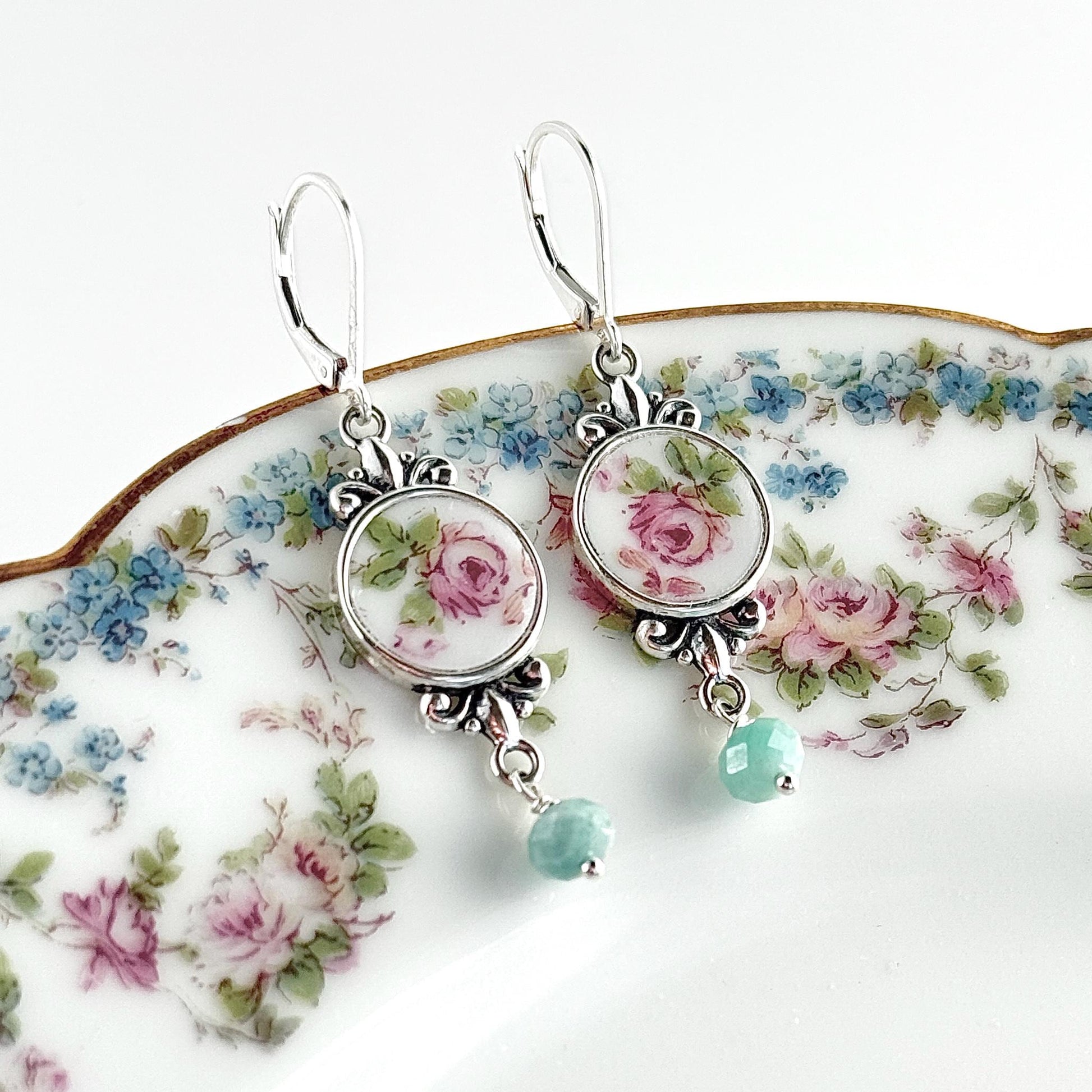Emerald 20th Anniversary Gifts for Wife, Sterling Silver Gemstone Earrings, Antique Broken China Jewelry, Victorian Dangle Earrings, Pink