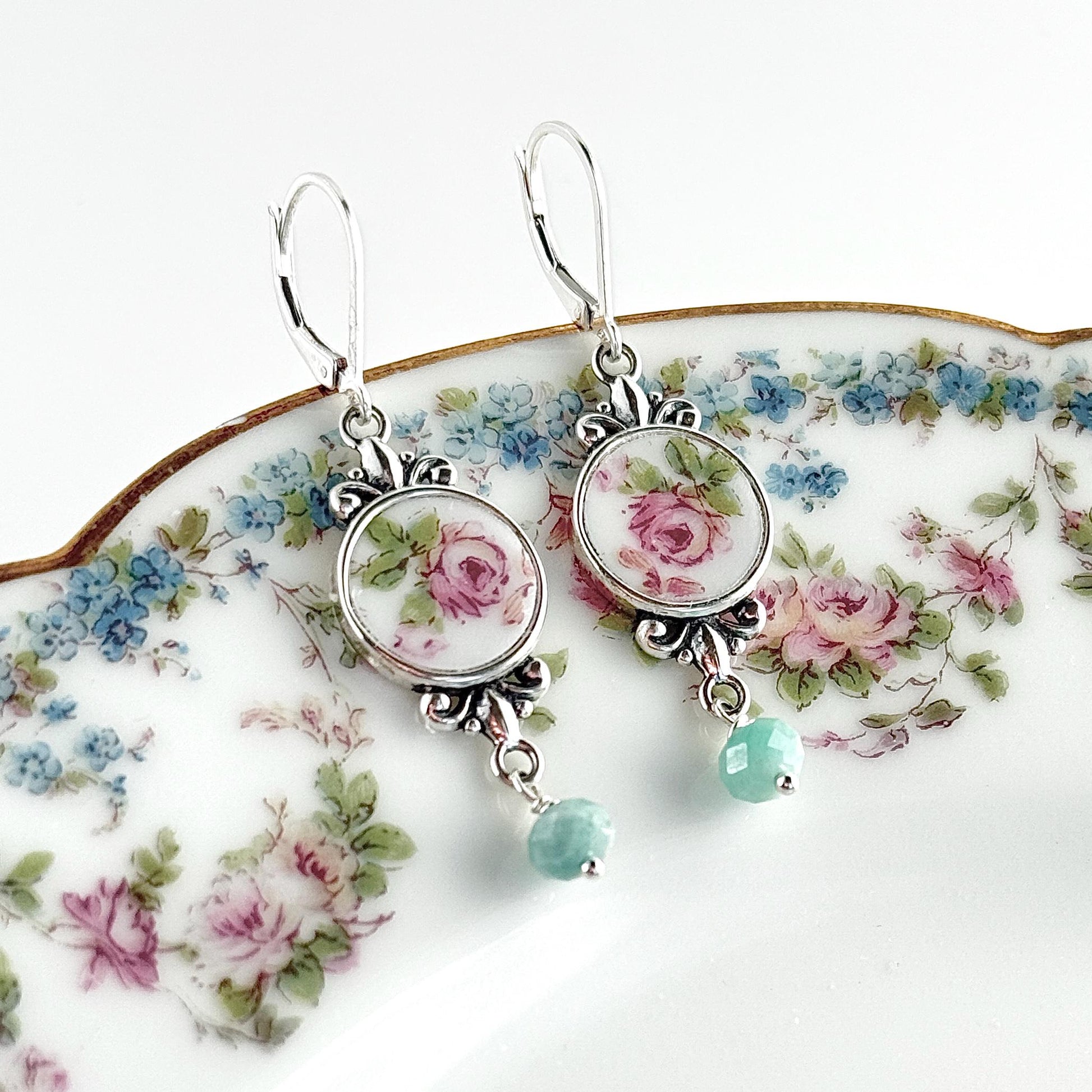 Emerald 20th Wedding Anniversary Gifts for Wife, Gemstone Jewelry Set, Bracelet and Earrings, Antique French Limoges Broken China Jewelry