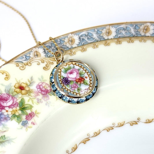 Victorian 20th Anniversary Gifts for Wife, Pink Rose and Forget Me Not Necklace, Gold Crystal Broken China Jewelry, Vintage Wedding Jewelry