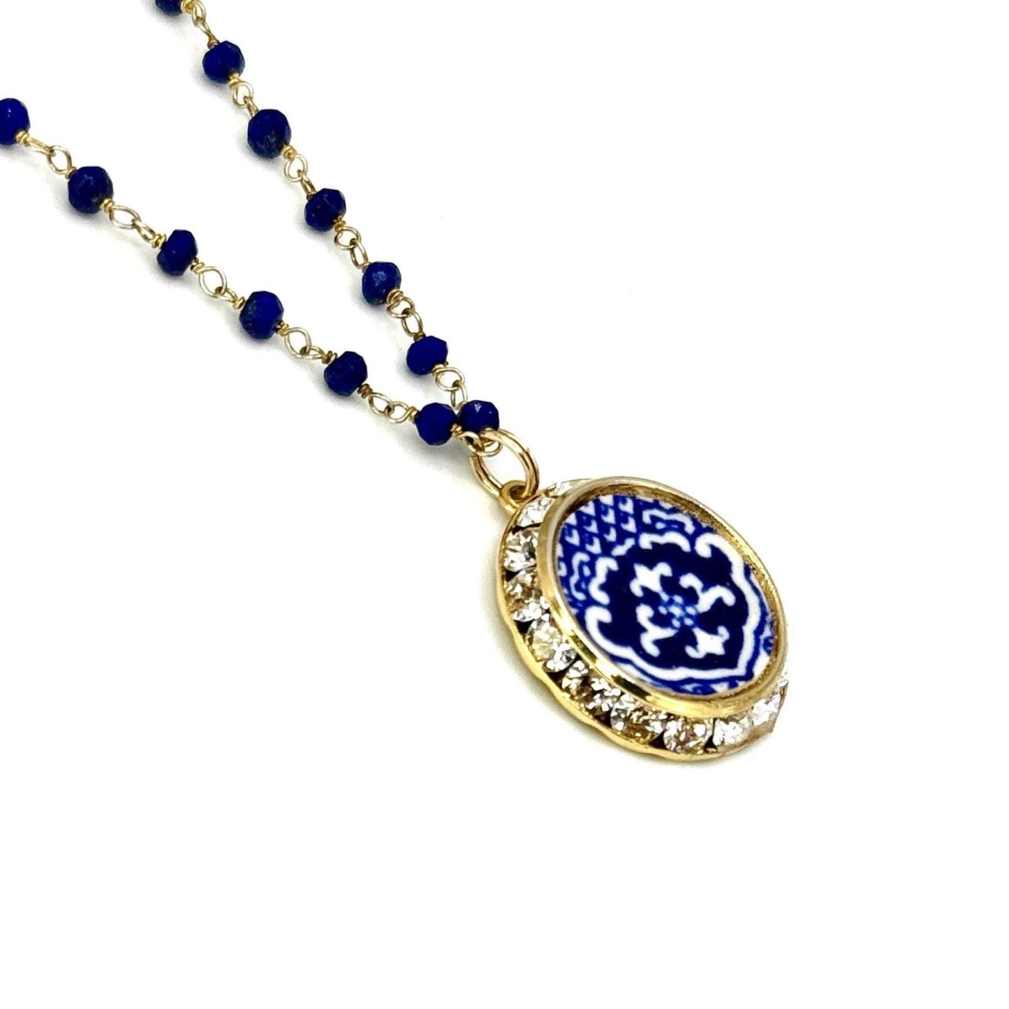 Blue Willow 9th Anniversary Lapis Lazuli Necklace, Romantic Gifts for Wife, Vintage Broken China Jewelry, Gold Crystal Necklace