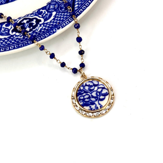 Tree of Life Vintage Blue Willow Necklace, Gold Crystal Broken China Jewelry, Unique Birthday Gifts for Mom, Lapis Lazuli Jewelry