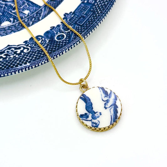 14k Solid Gold Blue Willow Love Birds China Necklace, 20th Wedding Anniversary Gifts for Wife, Broken China Jewelry, Victorian Pendant