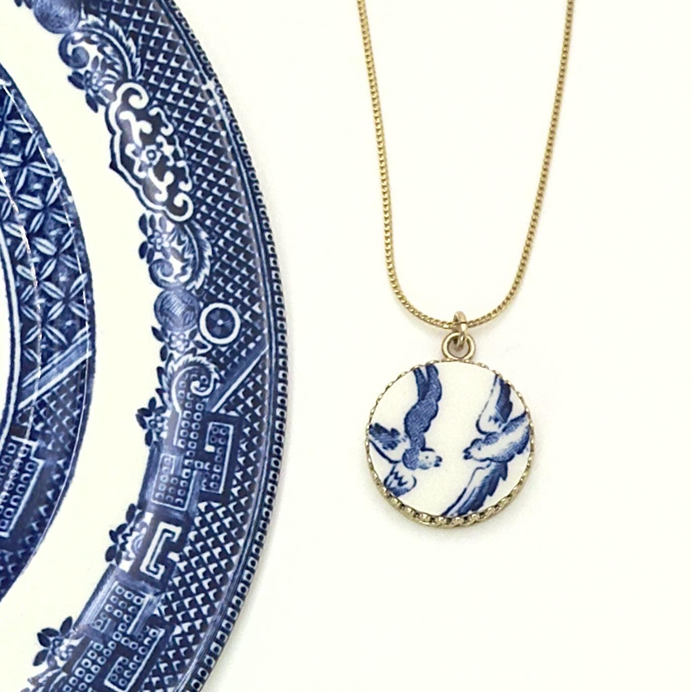 14k Solid Gold Blue Willow Love Birds China Necklace, 20th Wedding Anniversary Gifts for Wife, Broken China Jewelry, Victorian Pendant