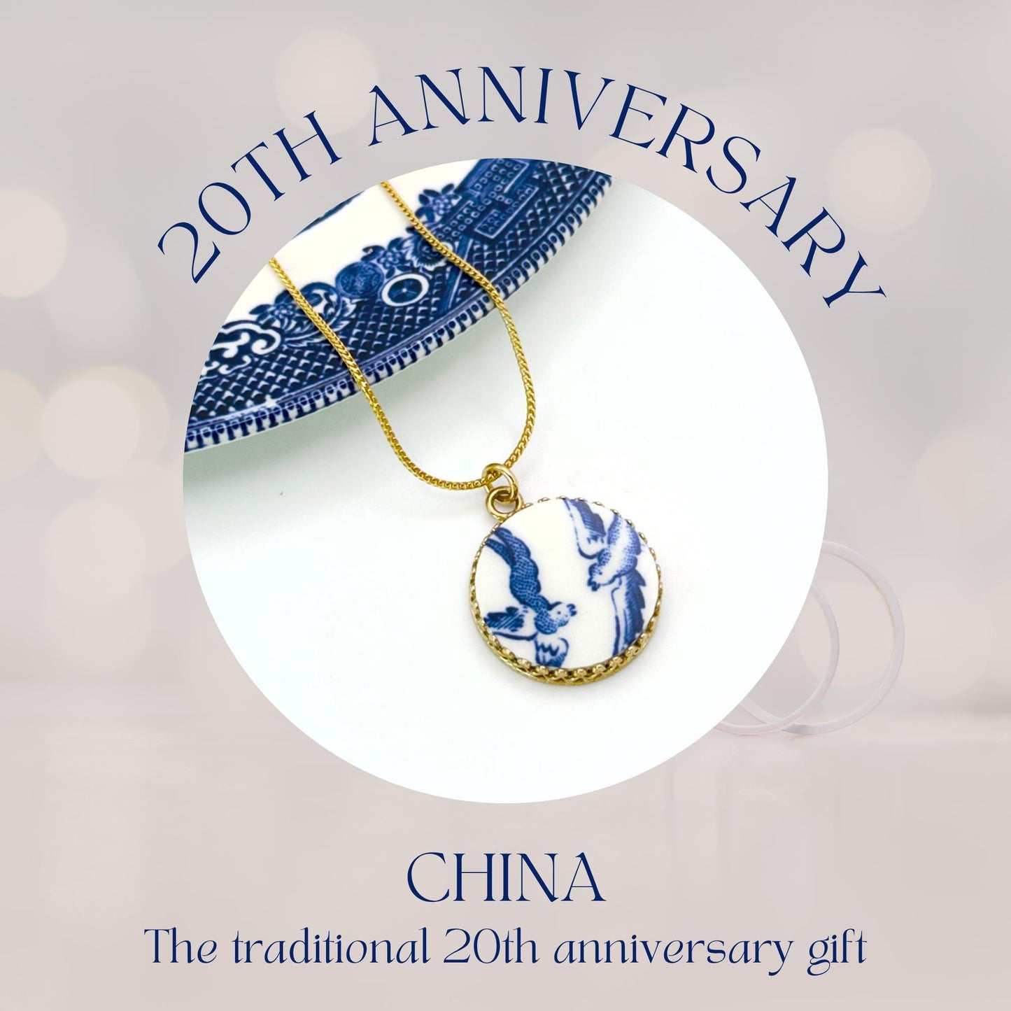 14k Solid Gold Blue Willow Love Birds China Necklace, 20th Wedding Anniversary Gifts for Wife, Broken China Jewelry, Victorian Pendant