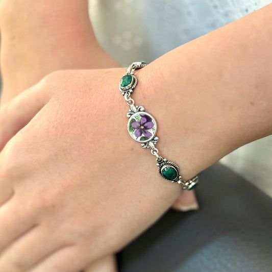 Emerald 20th Wedding Anniversary Gifts for Wife, Gemstone Bracelet, Purple Violet Broken China Jewelry, Unique Gift for Her, Sterling Silver