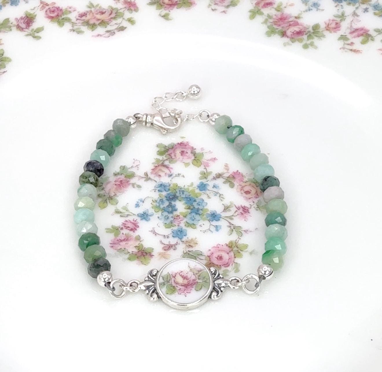 Emerald 20th Anniversary Gifts for Wife, Gemstone Bracelet, Antique Broken China Jewelry, Gifts for Women, Sterling Silver