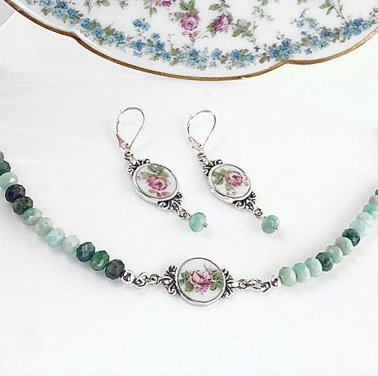 Emerald 20th Wedding Anniversary Gifts for Wife, Gemstone Jewelry Set, Bracelet and Earrings, Antique French Limoges Broken China Jewelry