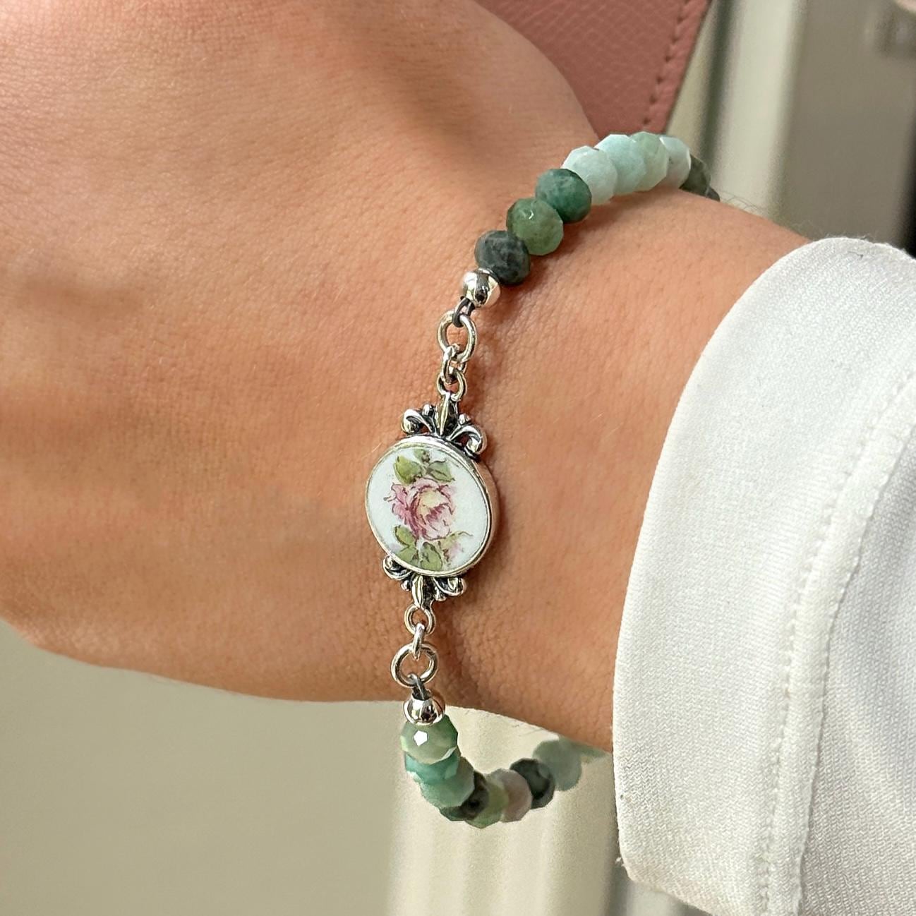 Emerald 20th Wedding Anniversary Gifts for Wife, Gemstone Jewelry Set, Bracelet and Earrings, Antique French Limoges Broken China Jewelry