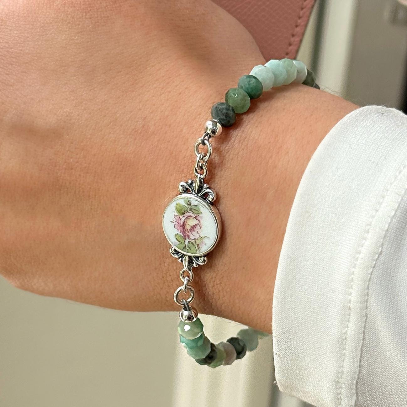Emerald 20th Anniversary Gifts for Wife, Gemstone Bracelet, Antique Broken China Jewelry, Gifts for Women, Sterling Silver