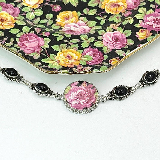 Unique 2nd Wedding Anniversary Gifts for Wife, Vintage Chintz China, Sterling Silver and Black Onyx, Broken China Jewelry Bracelet