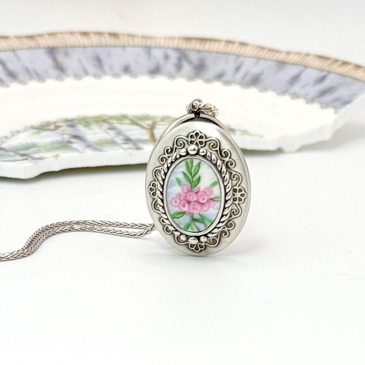 Sterling Silver Locket Necklace, 20th Anniversary Gifts for Wife, Keepsake Photo Locket, Victorian Style Broken China Jewelry, Adjustable