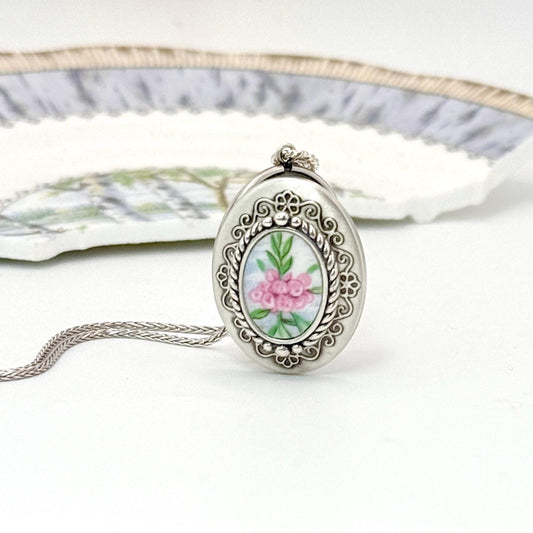 Sterling Silver Locket Necklace, 20th Anniversary Gifts for Wife, Keepsake Photo Locket, Victorian Style Broken China Jewelry, Adjustable