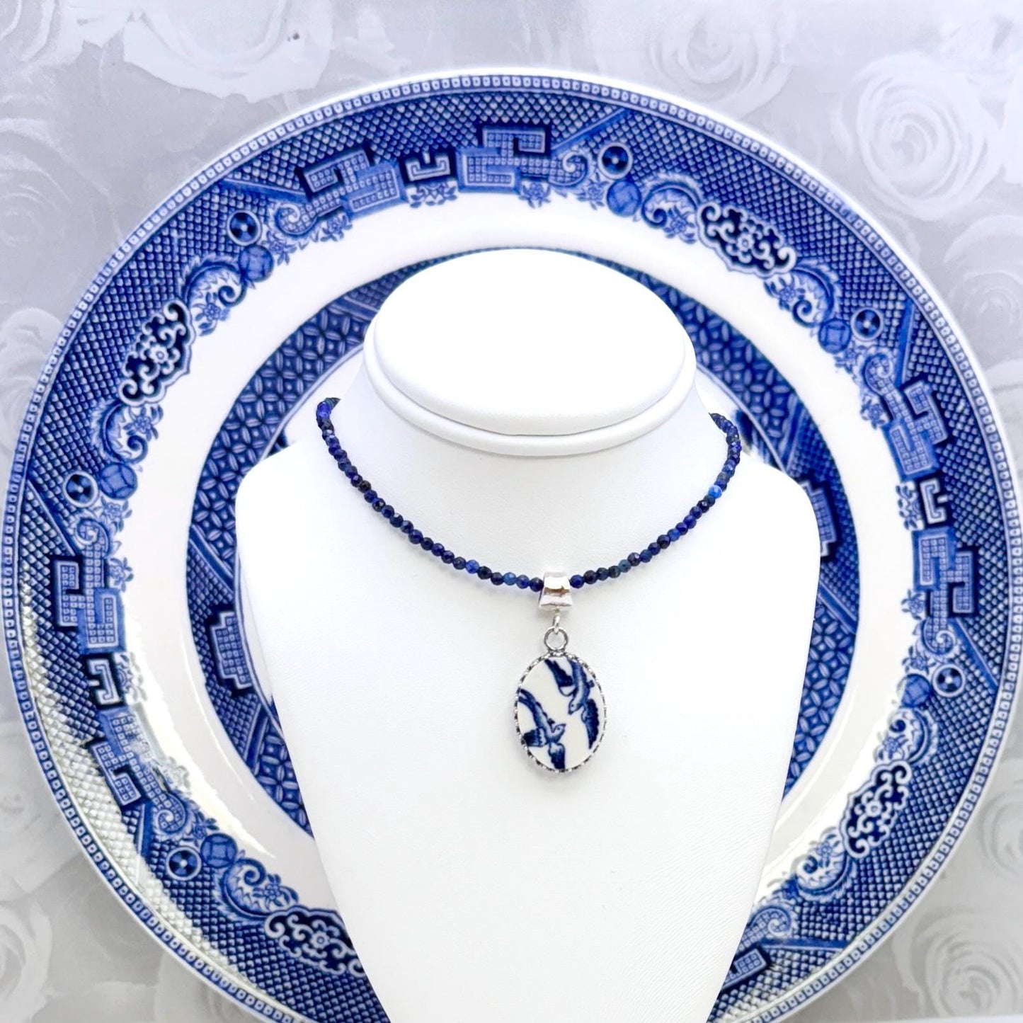 Keepsake 9th Anniversary Gifts for Wife, Dainty Sterling Silver Love Birds Pendant Necklace, Blue Willow Broken China Jewelry, Lapis Lazuli