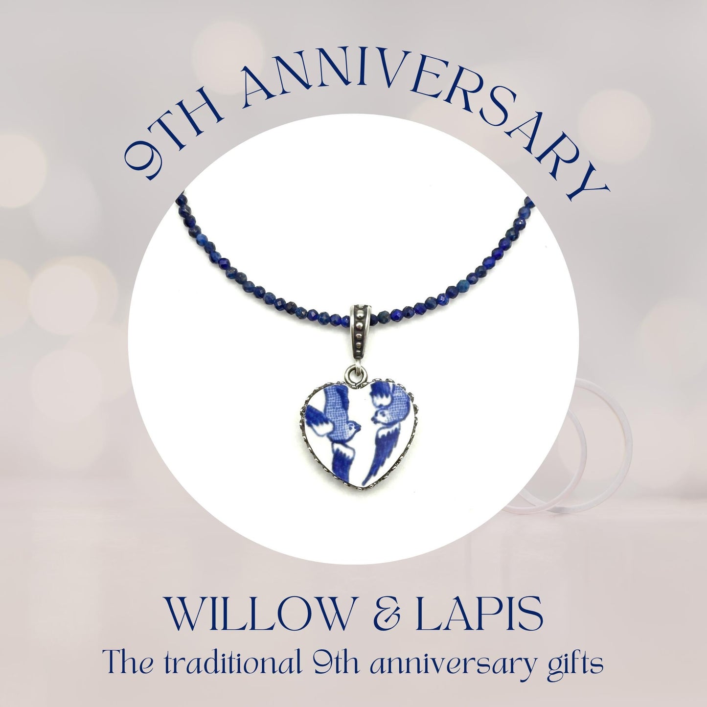 Love Birds 9th Anniversary Blue Willow Gift for Wife, Lapis Lazuli Necklace, Heart Necklace, Sterling Silver, Vintage Broken China Jewelry