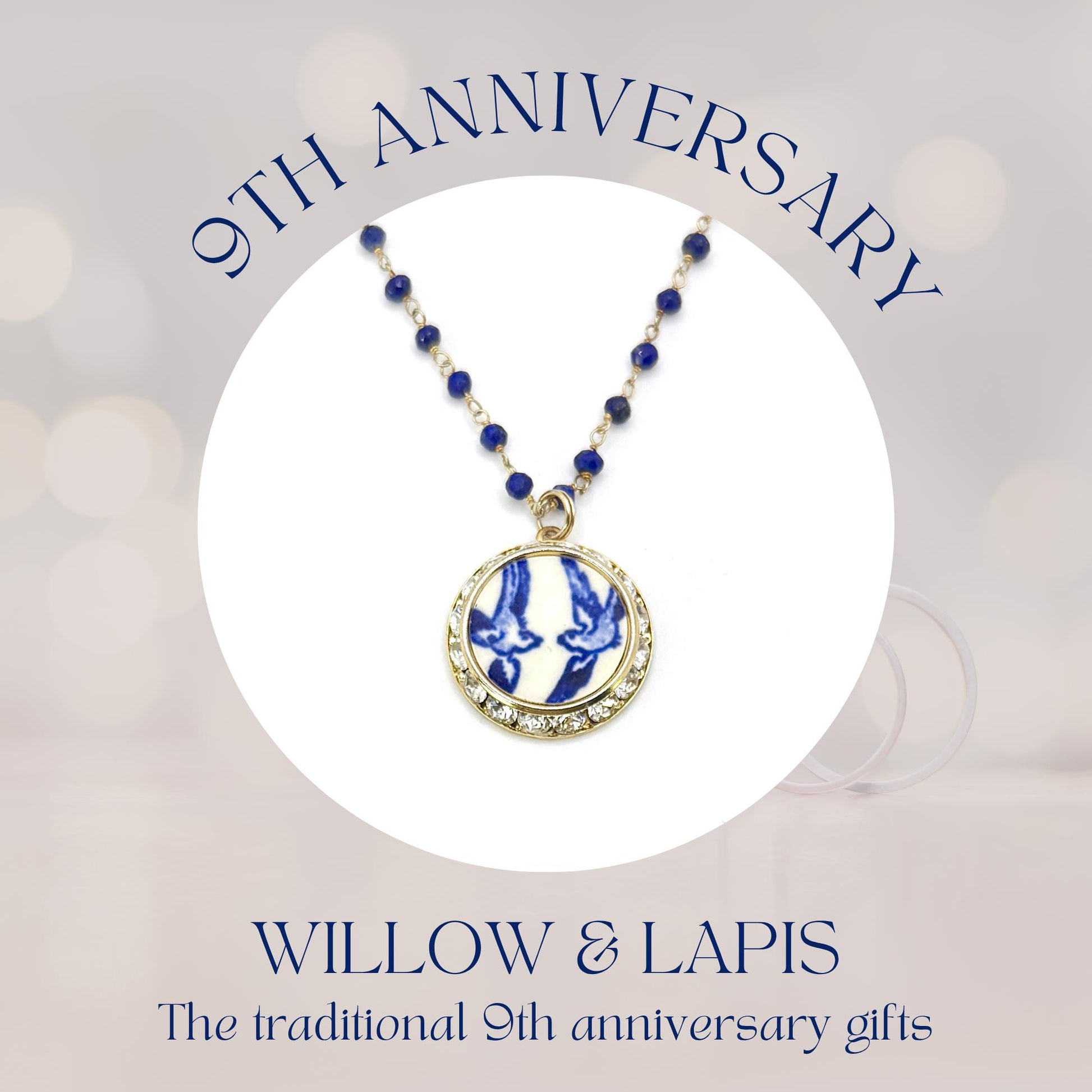 Gold 9th Anniversary Blue Willow Love Birds Necklace, Romantic Lapis Lazuli Anniversary Gifts for Wife, Vintage Broken China Jewelry
