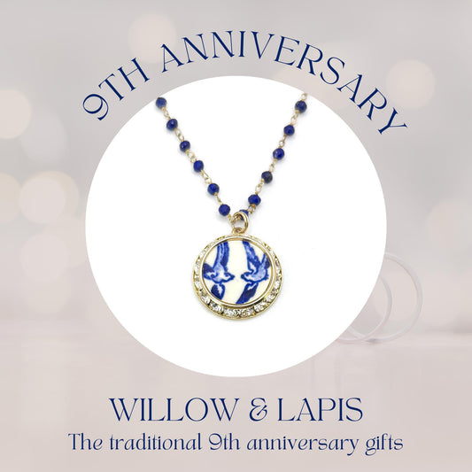 Gold 9th Anniversary Blue Willow Love Birds Necklace, Romantic Lapis Lazuli Anniversary Gifts for Wife, Vintage Broken China Jewelry