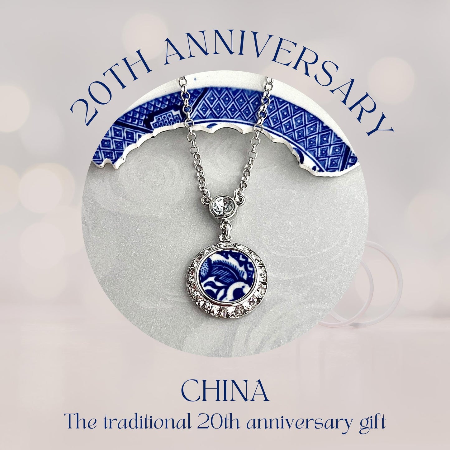 Vintage Blue Willow China Necklace, Crystal Jewelry, Unique 20th Wedding Anniversary Gifts for Wife, Willow Ware Broken China Jewelry