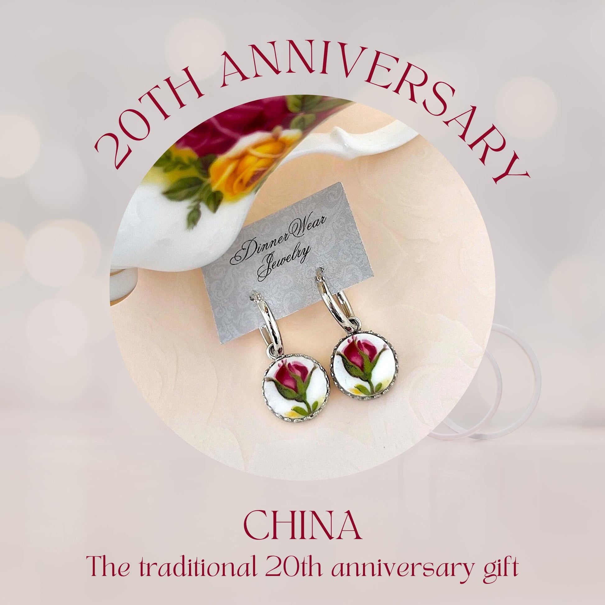 Romantic Rose Earrings, 20th Anniversary Gift for Wife, Broken China Jewelry, Sterling Silver, Royal Albert Old Country Roses, Red Rose Buds