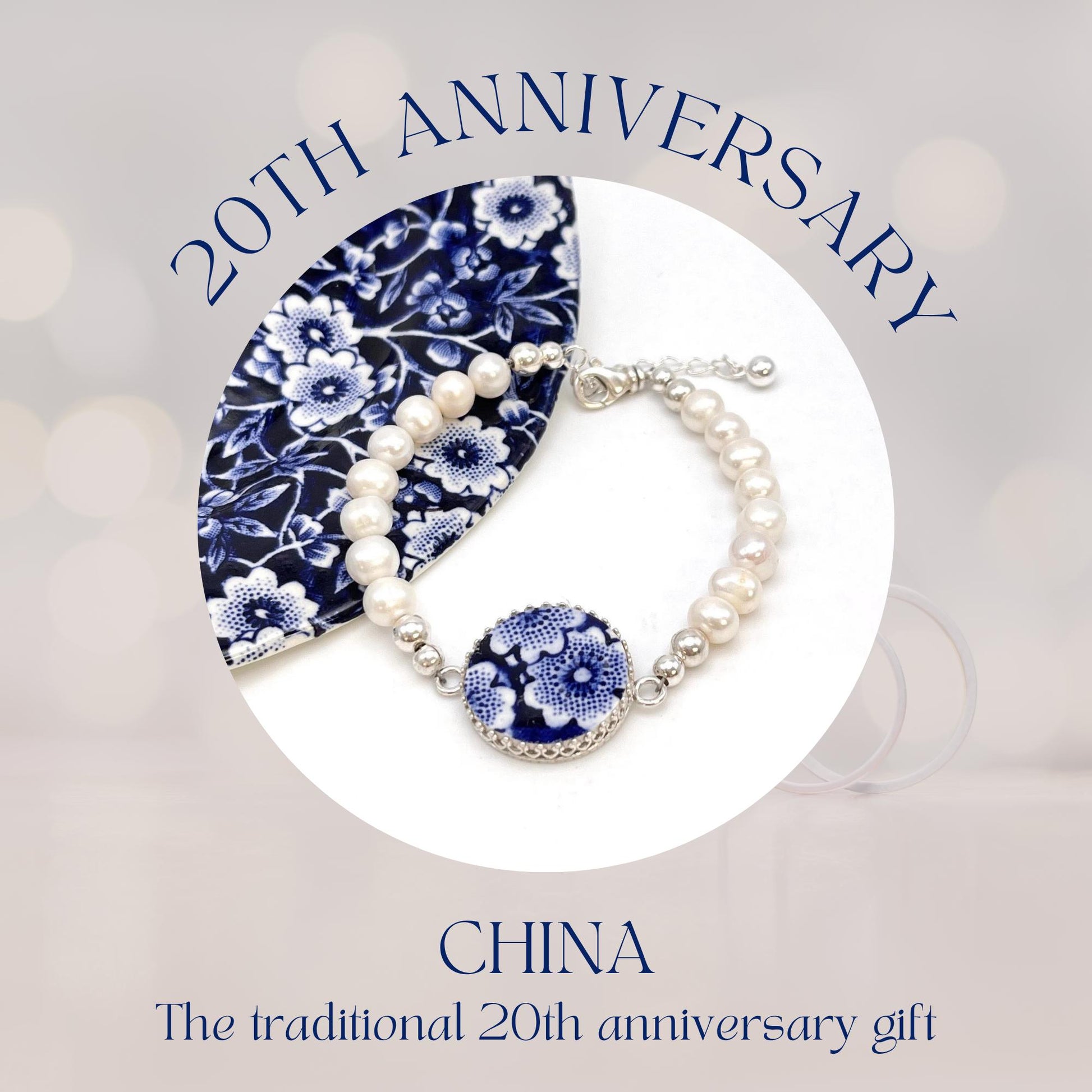 Sterling Silver Freshwater Pearl Bracelet, Blue and White Porcelain, Broken China Jewelry, 18th/20th Wedding Anniversary Gift for Wife