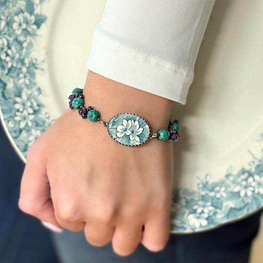 18th Wedding Anniversary Gift for Wife, Turquoise and Amethyst Beaded Bracelet, Porcelain Broken China Jewelry, Bohemian, Sterling Silver