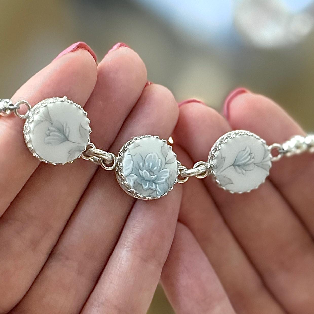Japanese Porcelain 18th Anniversary Gift for Wife, Keepsake Vintage Broken China Jewelry Bracelet, Unique Gifts for Women, Sterling Silver