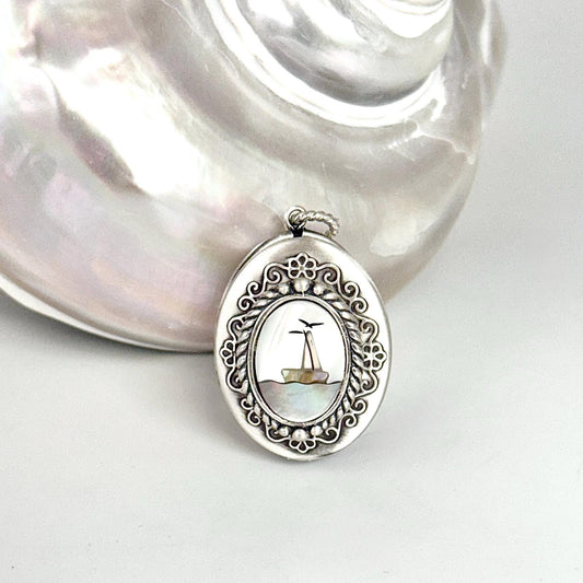 Adjustable Sterling Silver Sailboat Locket Necklace, Nautical Jewelry, Oval Photo Locket, Inlaid Mother of Pearl, Ocean Jewelry