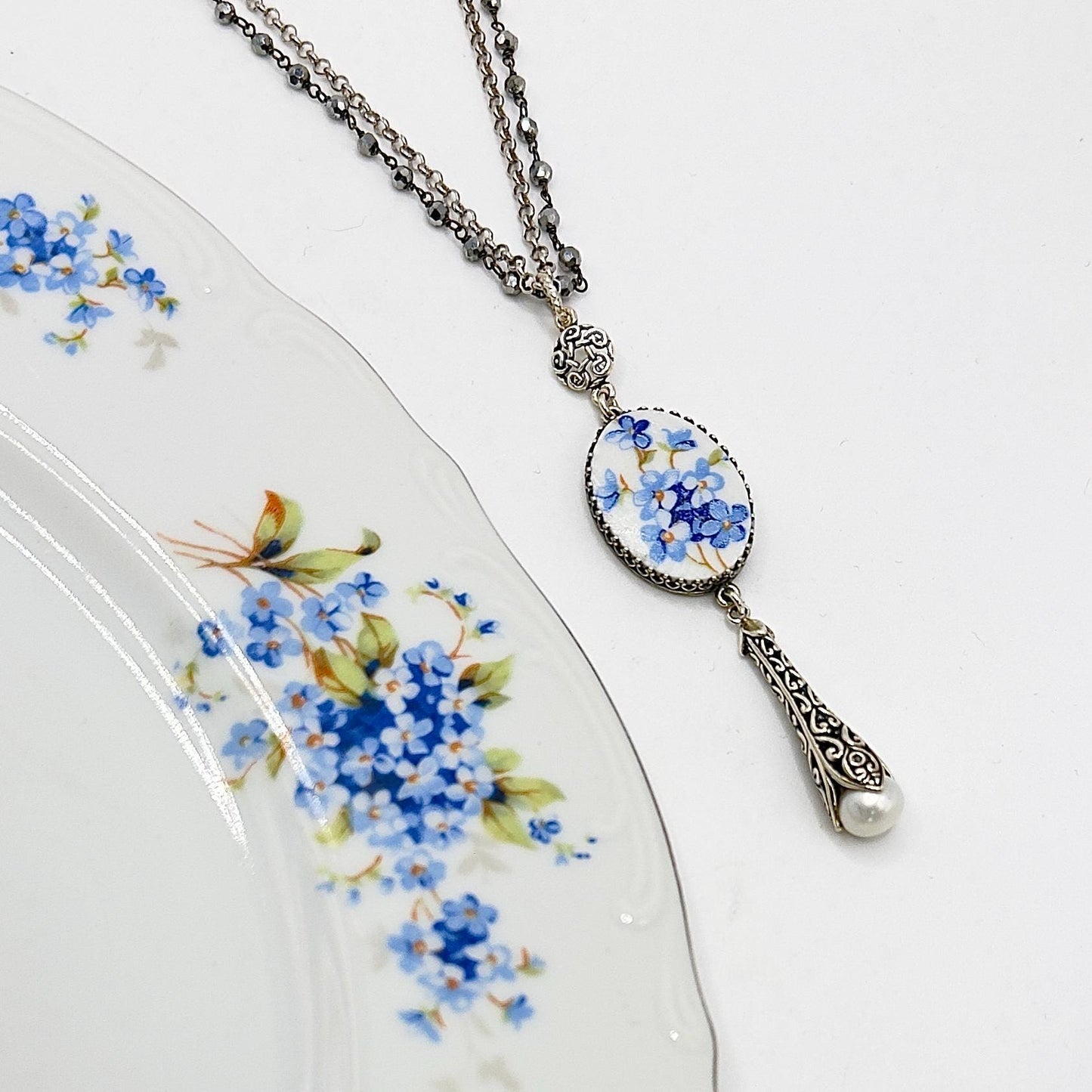 20th Wedding Anniversary Gifts For Wife, Blue Forget Me Not Necklace, Sterling Silver, Long Pearl Necklace, Victorian Broken China Jewelry