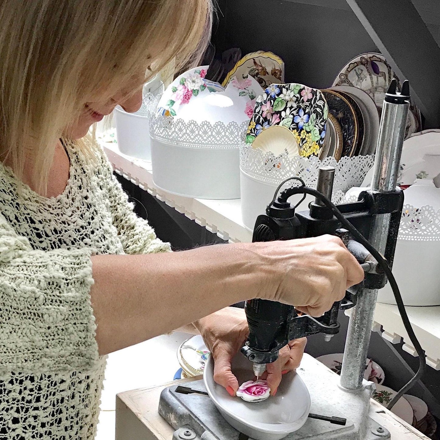 20th Wedding Anniversary Gifts For Wife, Blue Forget Me Not Necklace, Sterling Silver, Long Pearl Necklace, Victorian Broken China Jewelry