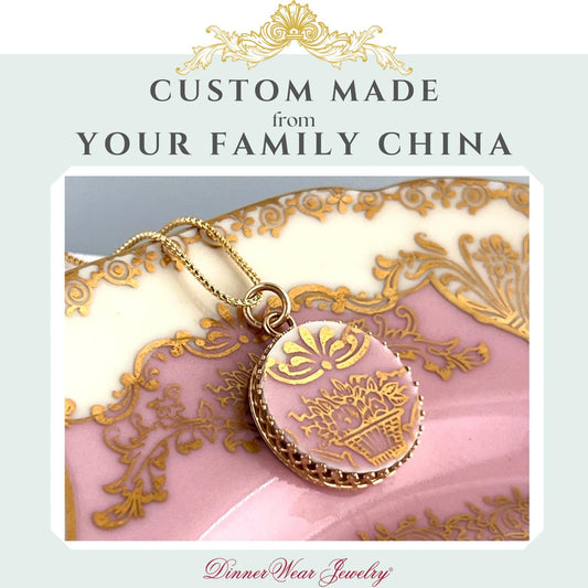 CUSTOM 14k Solid Gold China Necklace, 20th Wedding Anniversary Gifts for Wife, Repurposed Broken China Jewelry Victorian Pendant or Necklace