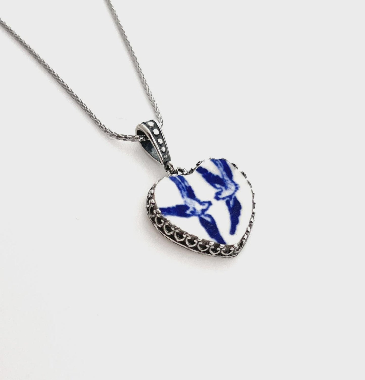 Keepsake 20th Anniversary Gifts for Wife Gold Love Birds Heart Necklace, Romantic Broken China Jewelry, Blue Willow Vintage China