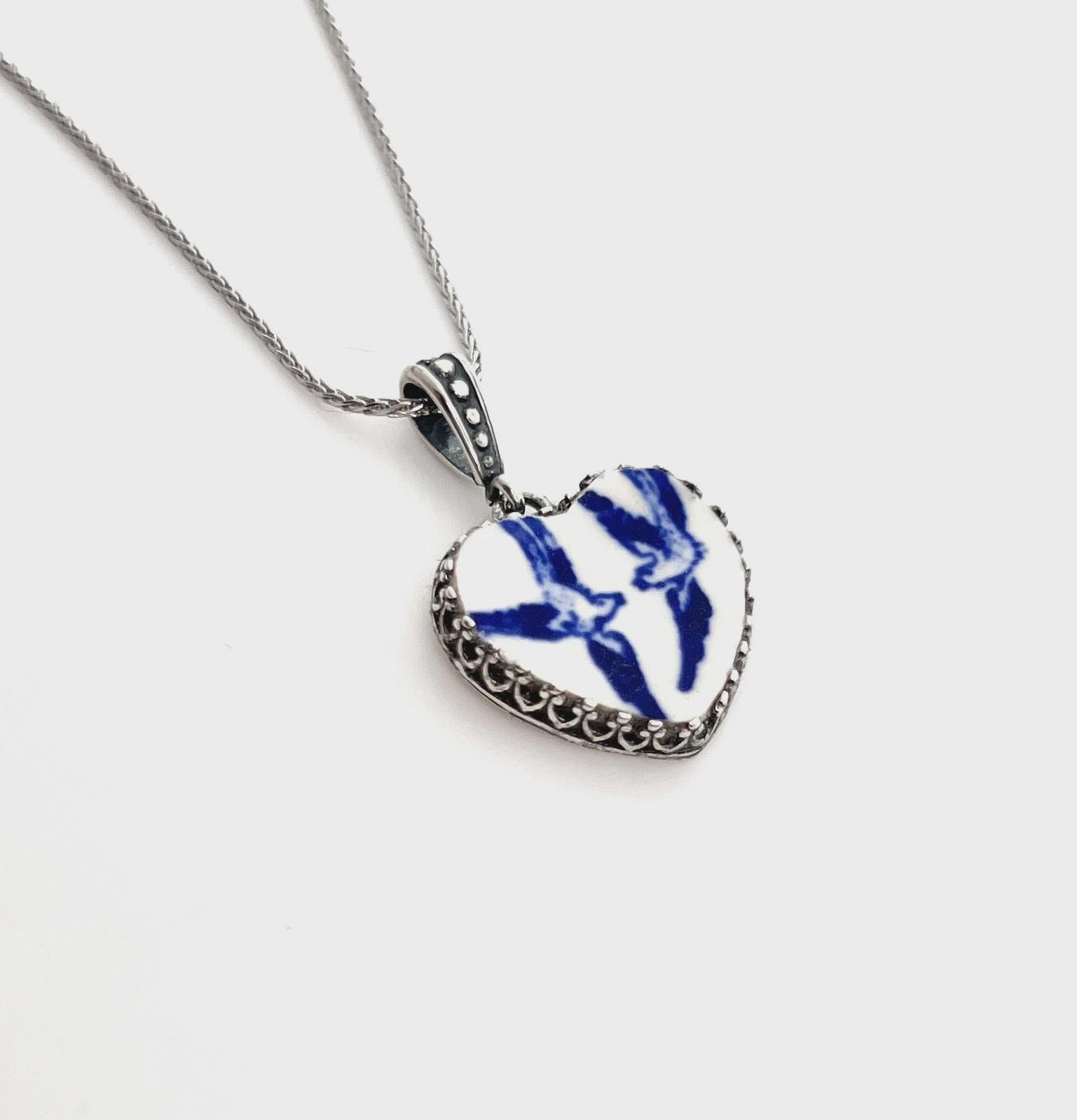 Keepsake 20th Anniversary Gifts for Wife Gold Love Birds Heart Necklace, Romantic Broken China Jewelry, Blue Willow Vintage China