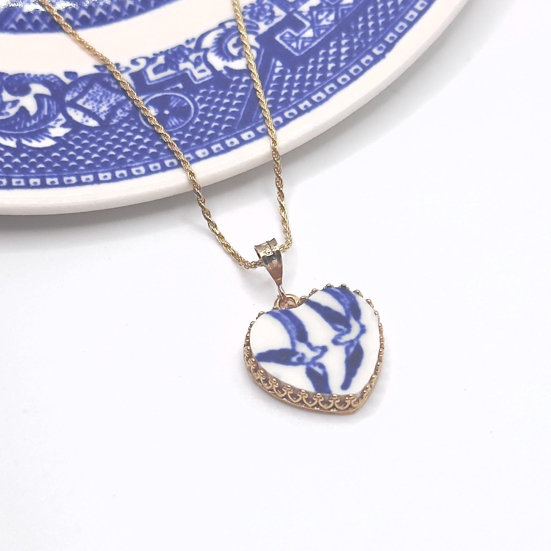 Keepsake 20th Anniversary Gifts for Wife Gold Love Birds Heart Necklace, Romantic Broken China Jewelry, Blue Willow Vintage China