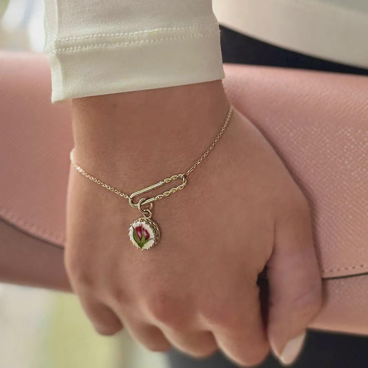 Dainty 14k Solid Gold Rose Charm Bracelet, Old Country Roses Broken China Jewelry, Romantic 20th Anniversary Gift for Wife
