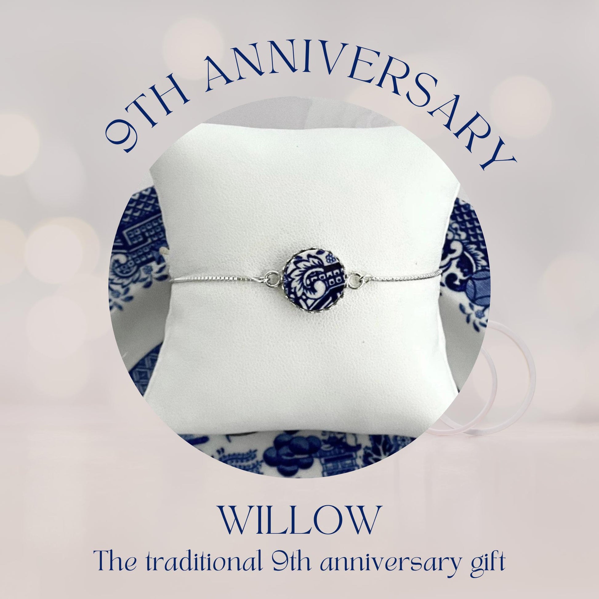 Blue Willow Bolo Bracelet, Broken China Jewelry, 9th Anniversary Gifts, Wife, Sterling Silver