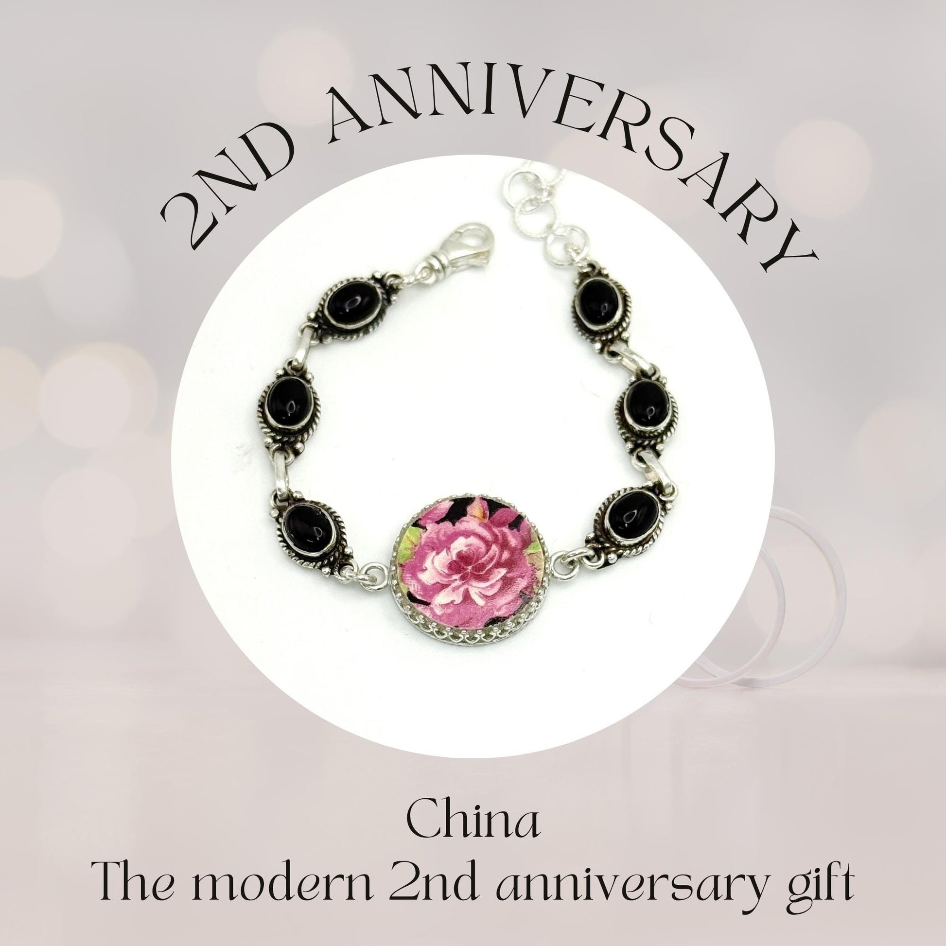 Unique 2nd Wedding Anniversary Gifts for Wife, Vintage Chintz China, Sterling Silver and Black Onyx, Broken China Jewelry Bracelet