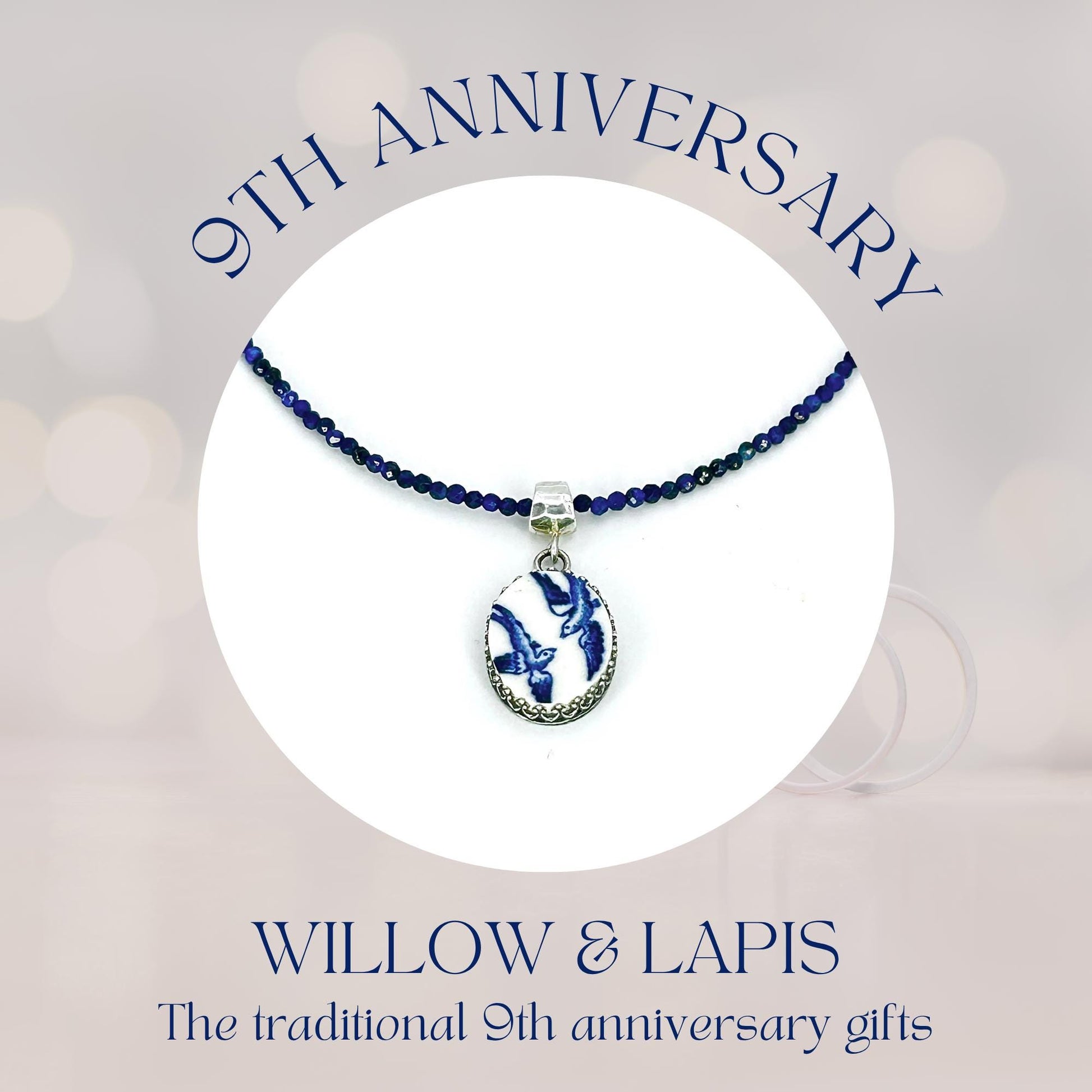 Keepsake 9th Anniversary Gifts for Wife, Dainty Sterling Silver Love Birds Pendant Necklace, Blue Willow Broken China Jewelry, Lapis Lazuli