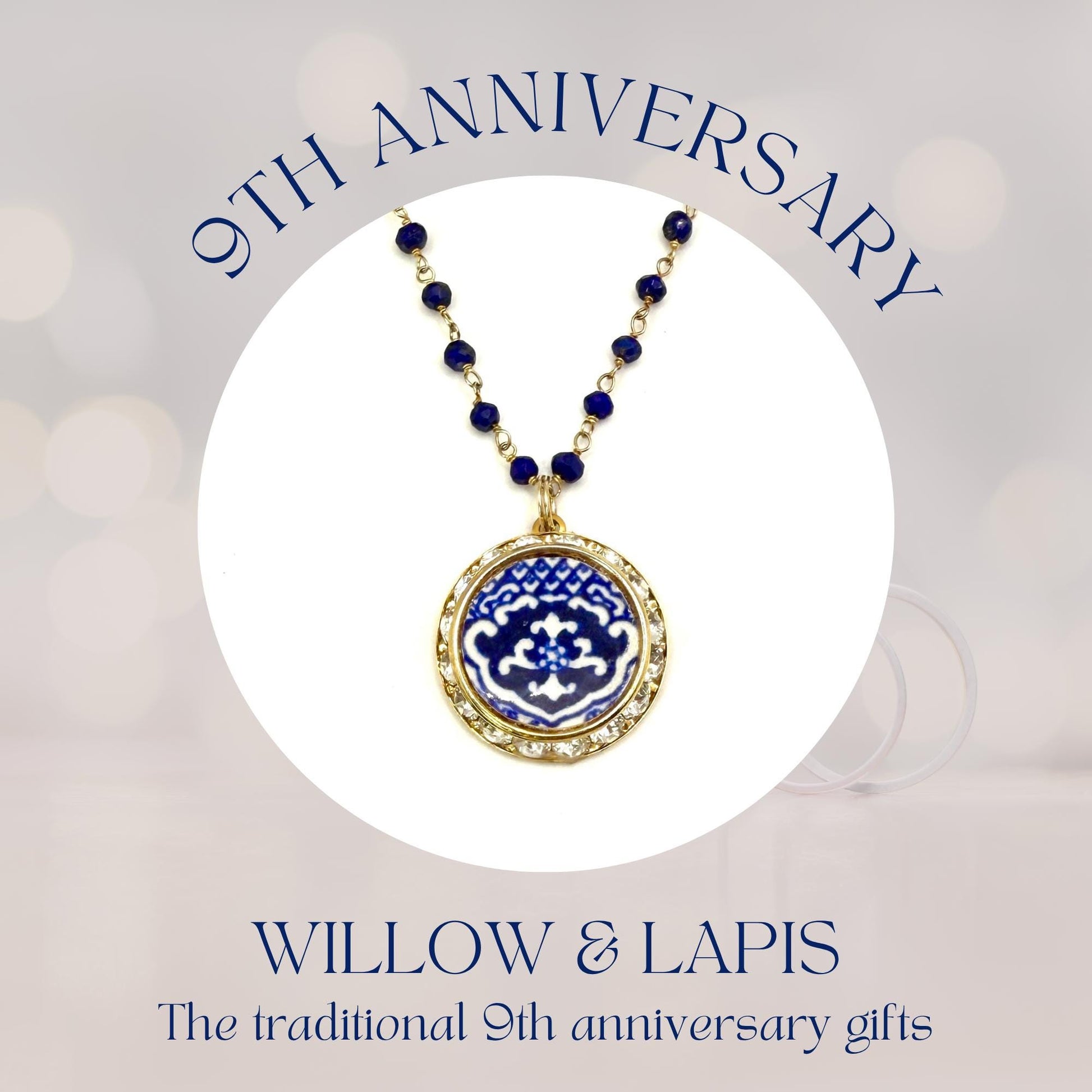 Blue Willow 9th Anniversary Lapis Lazuli Necklace, Romantic Gifts for Wife, Vintage Broken China Jewelry, Gold Crystal Necklace